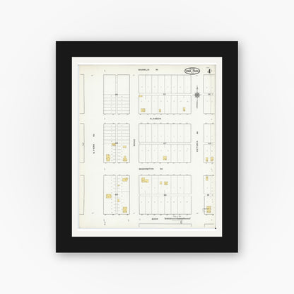 Old map wall art mockup — black gallery frame with white mat — Sanborn Fire Insurance Map from Iowa Park, Wichita County, Texas (1921), Sheet #0004