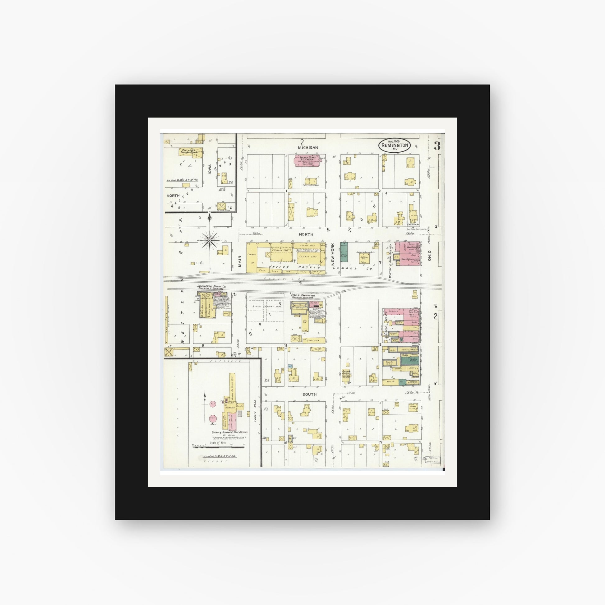 Old map wall art mockup — black gallery frame with white mat — Sanborn Fire Insurance Map from Remington, Jasper County, Indiana (1909), Sheet #0003