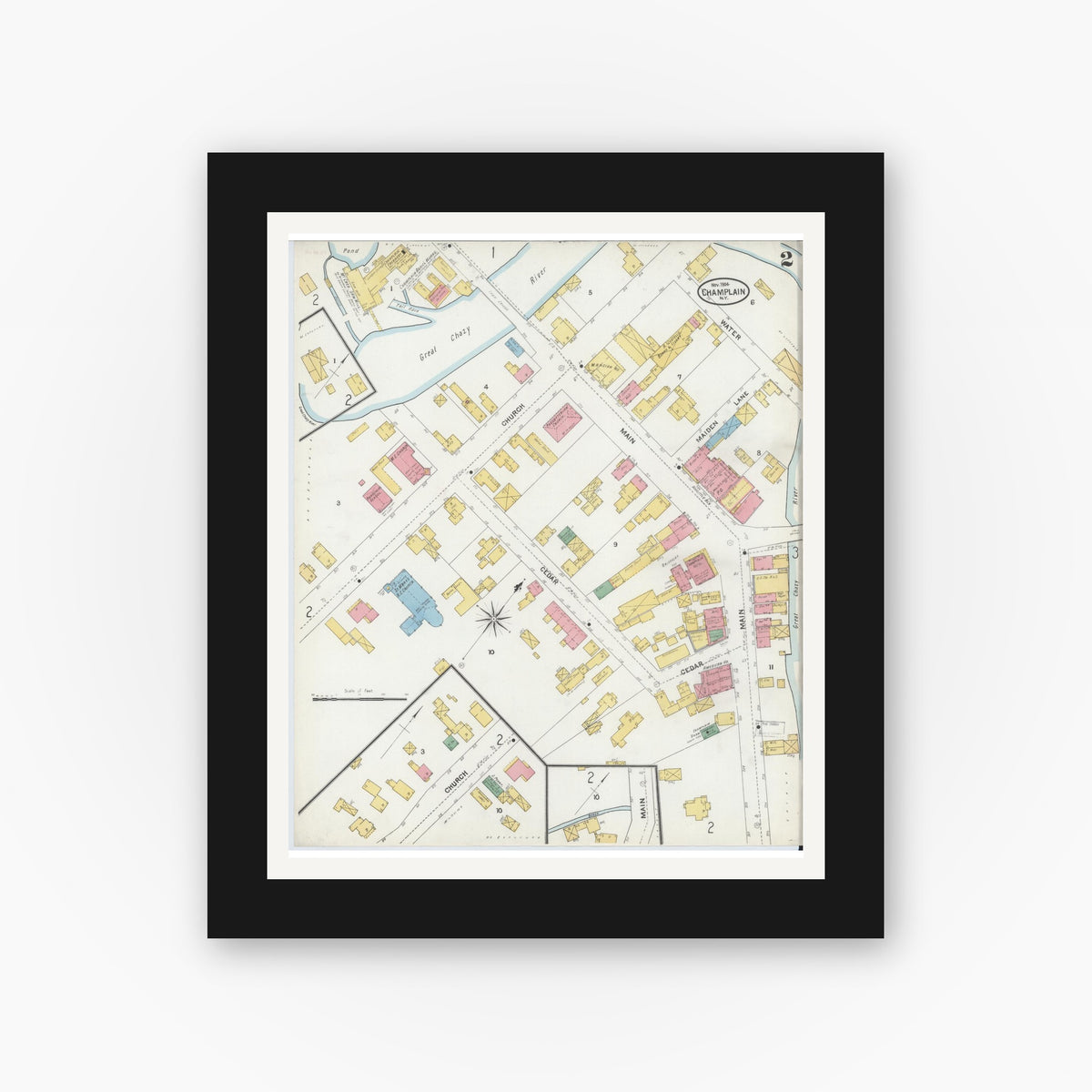 Old map wall art mockup — black gallery frame with white mat — Sanborn Fire Insurance Map from Champlain, Clinton County, New York (1904), Sheet #0002