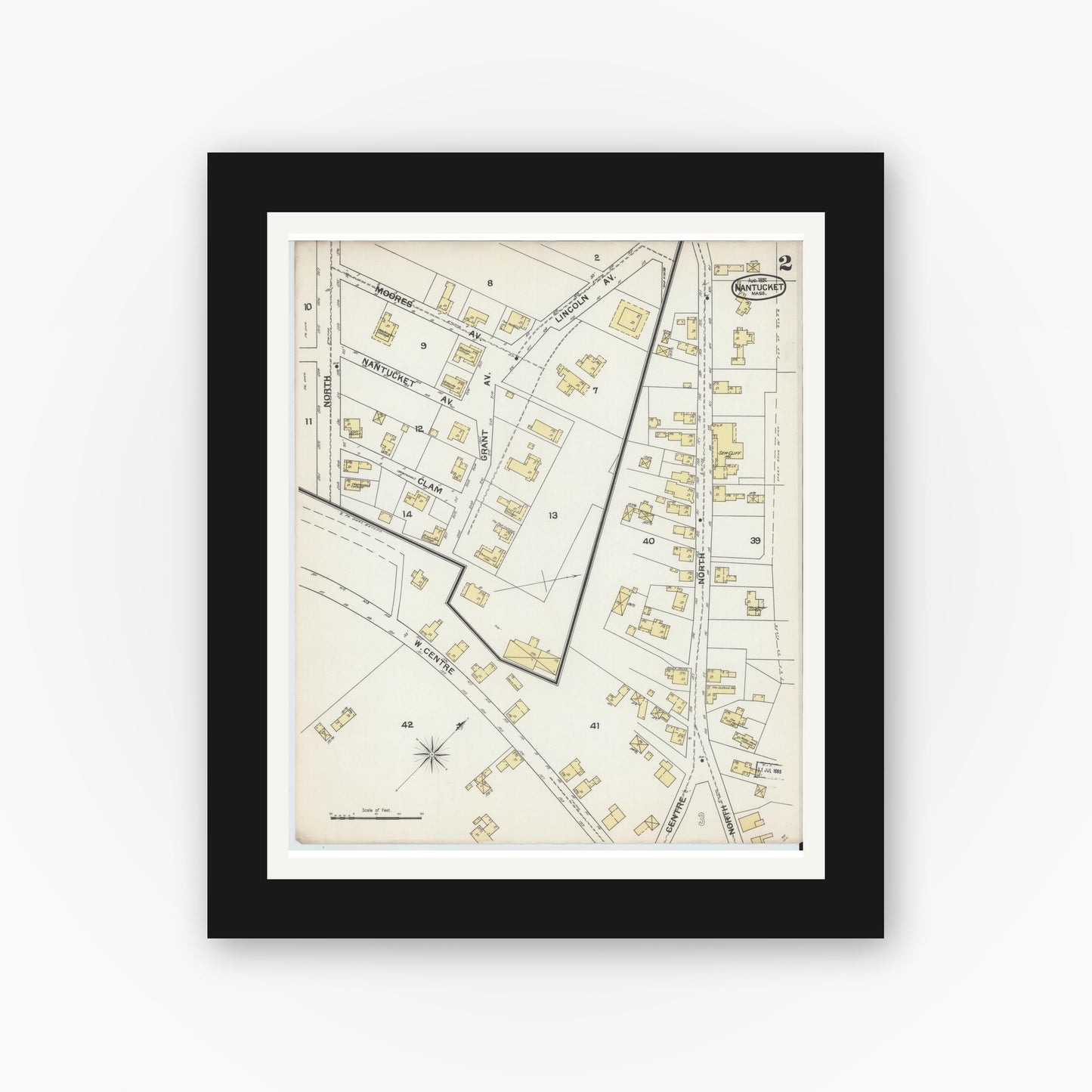 Old map wall art mockup — black gallery frame with white mat — Sanborn Fire Insurance Map from Nantucket, Nantucket County, Massachusetts (1892), Sheet #0002