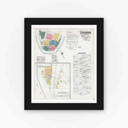 Old map wall art mockup — black gallery frame with white mat — Sanborn Fire Insurance Map from Leechburg, Armstrong County, Pennsylvania (1919), Sheet #0001