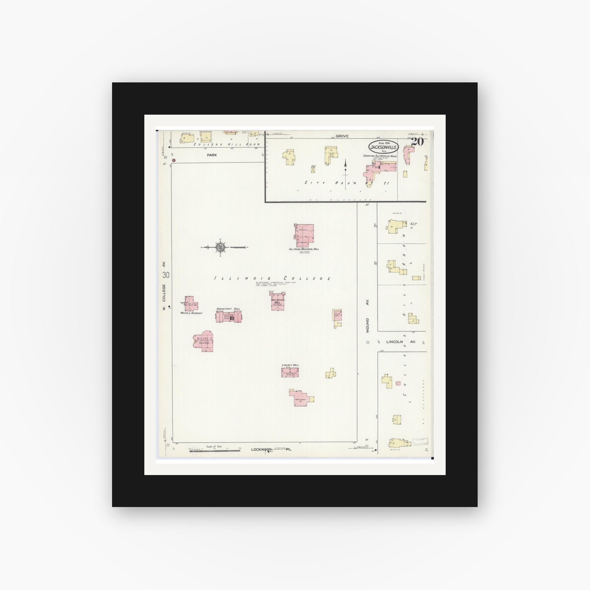 Old map wall art mockup — black gallery frame with white mat — Sanborn Fire Insurance Map from Jacksonville, Morgan County, Illinois (1914), Sheet #0020