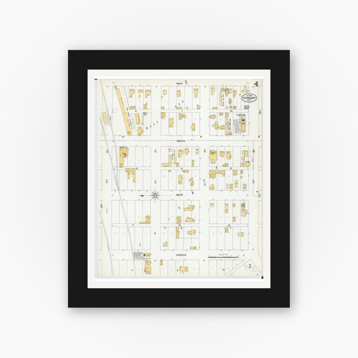 Old map wall art mockup — black gallery frame with white mat — Sanborn Fire Insurance Map from Fairmont, Martin County, Minnesota (1900), Sheet #0004