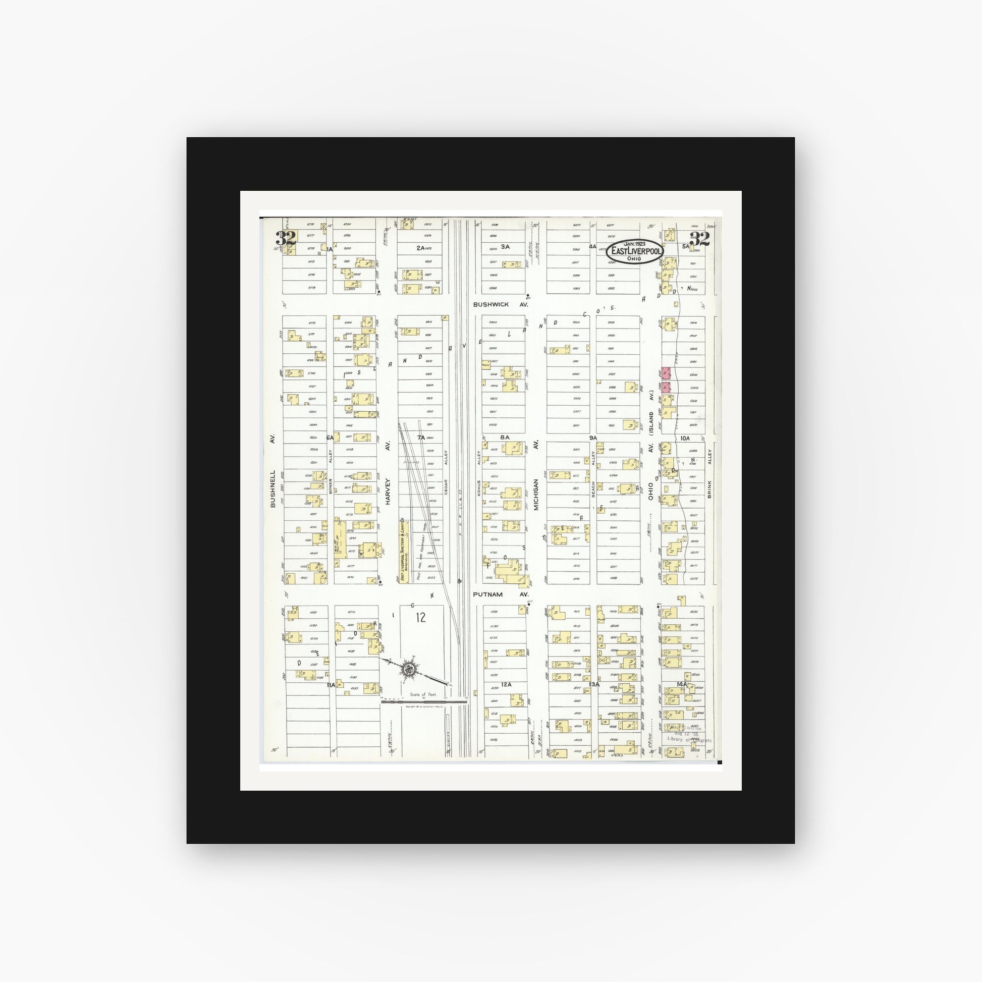 Old map wall art mockup — black gallery frame with white mat — Sanborn Fire Insurance Map from East Liverpool, Columbiana County, Ohio (1923), Sheet #0032