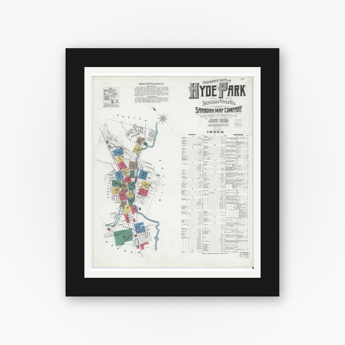Old map wall art mockup — black gallery frame with white mat — Sanborn Fire Insurance Map from Hyde Park, Norfolk County, Massachusetts (1905) - Complete Map Set