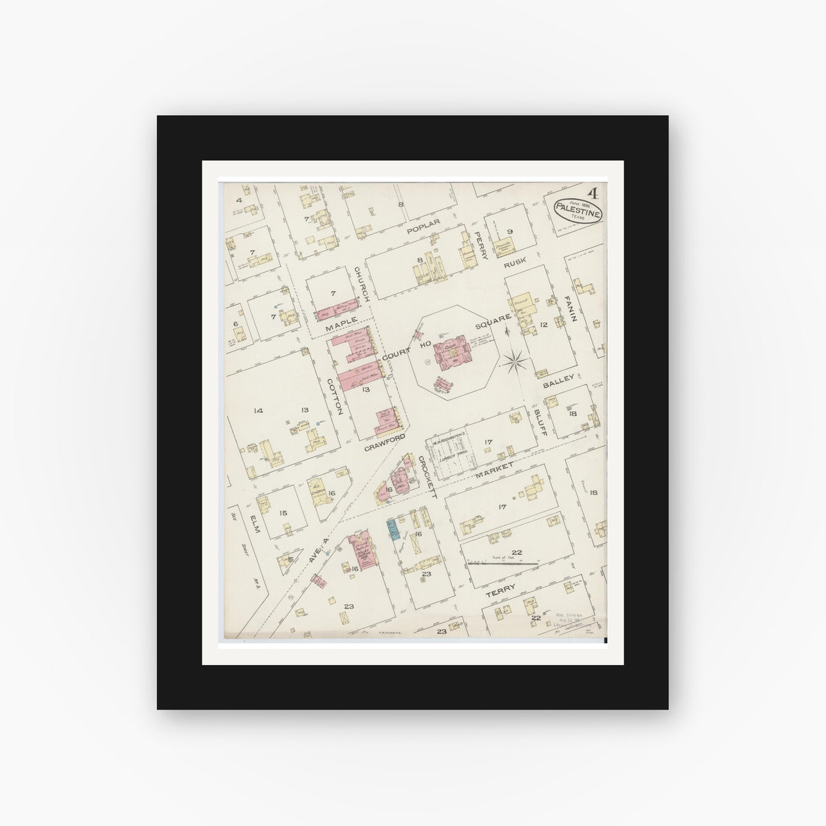 Old map wall art mockup — black gallery frame with white mat — Sanborn Fire Insurance Map from Palestine, Anderson County, Texas (1885), Sheet #0004