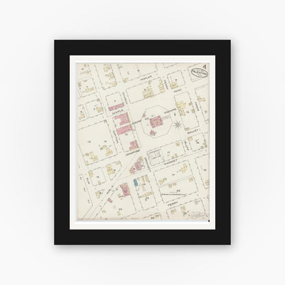 Old map wall art mockup — black gallery frame with white mat — Sanborn Fire Insurance Map from Palestine, Anderson County, Texas (1885), Sheet #0004