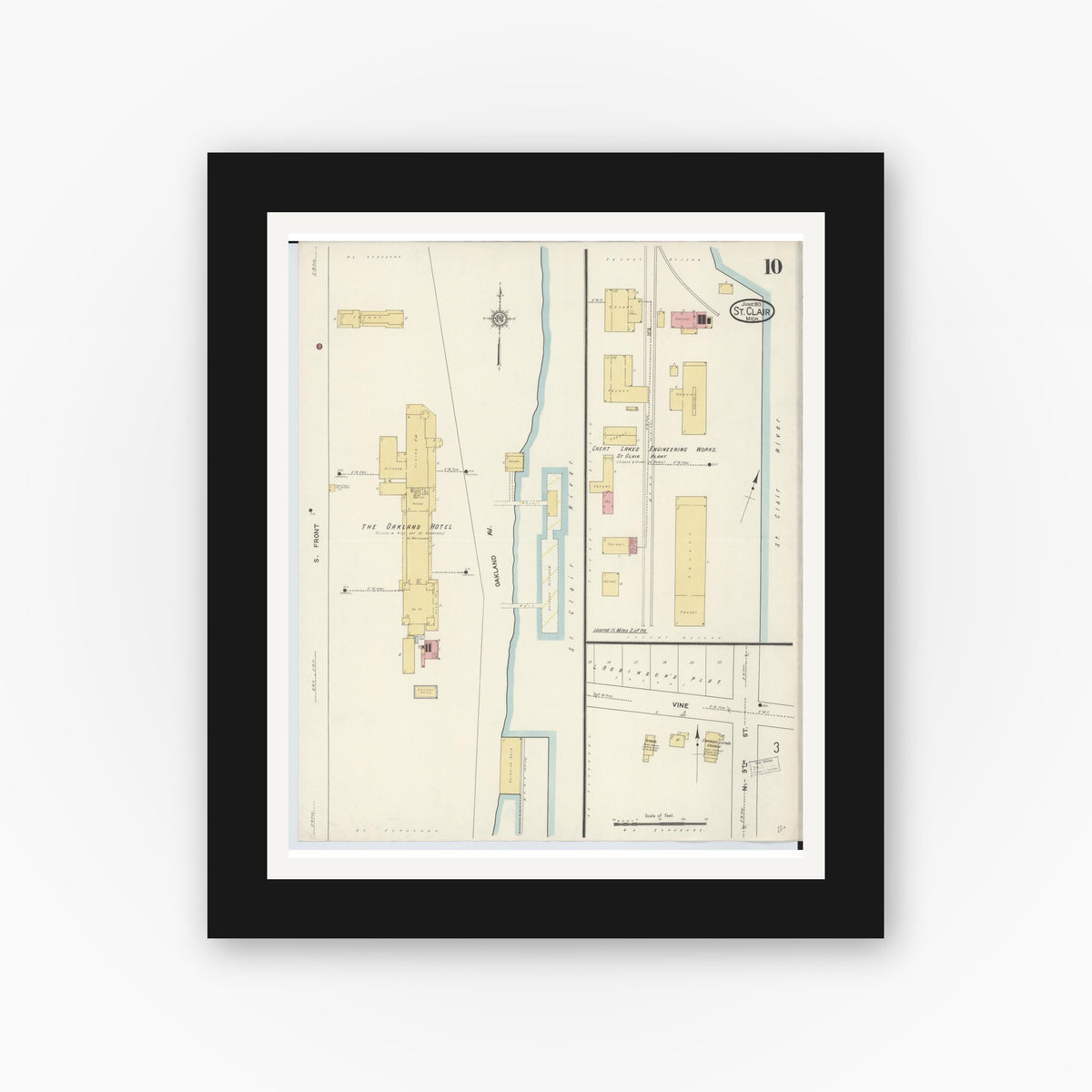 Old map wall art mockup — black gallery frame with white mat — Sanborn Fire Insurance Map from Saint Clair, Saint Clair County, Michigan (1913), Sheet #0010