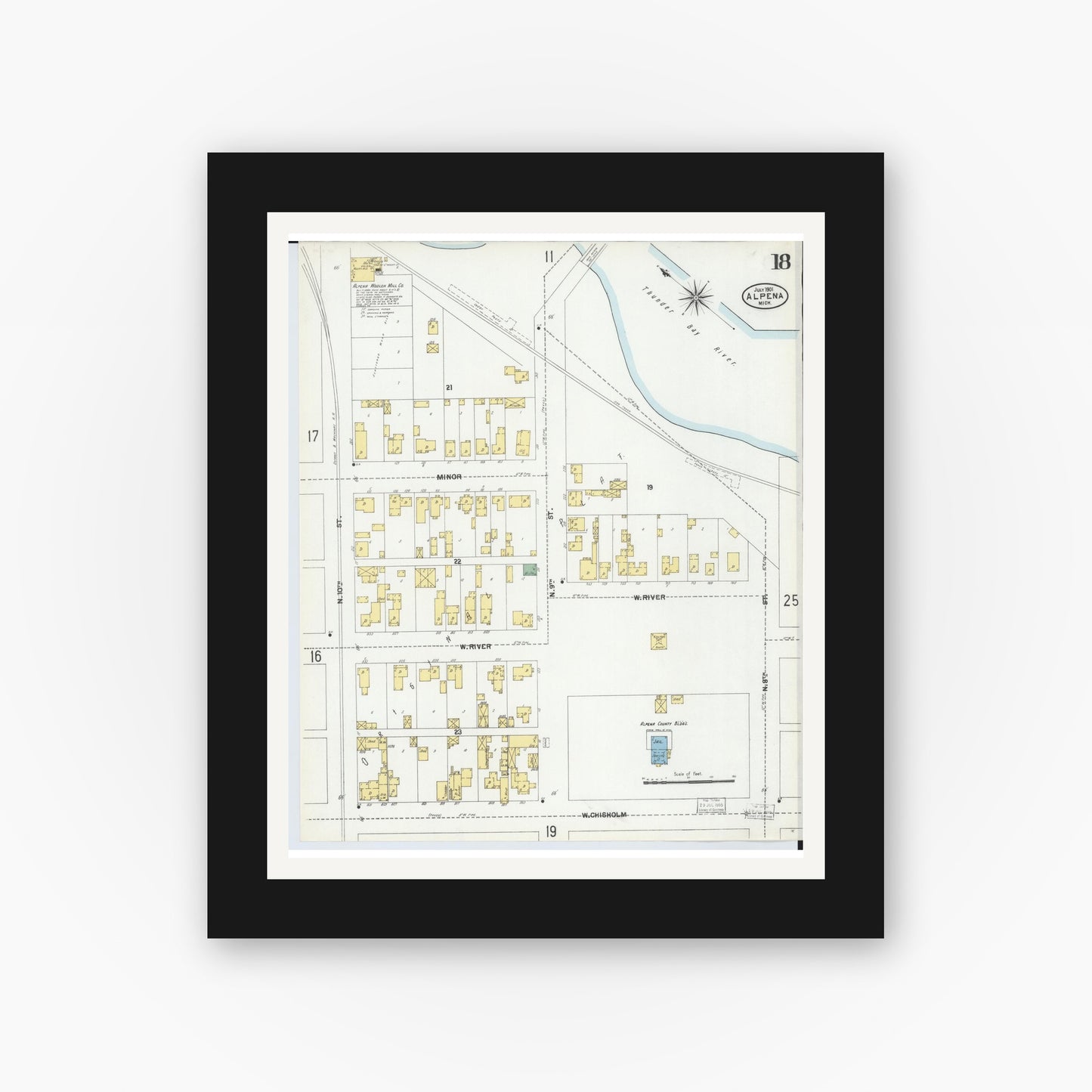 Old map wall art mockup — black gallery frame with white mat — Sanborn Fire Insurance Map from Alpena, Alpena County, Michigan (1901), Sheet #0018
