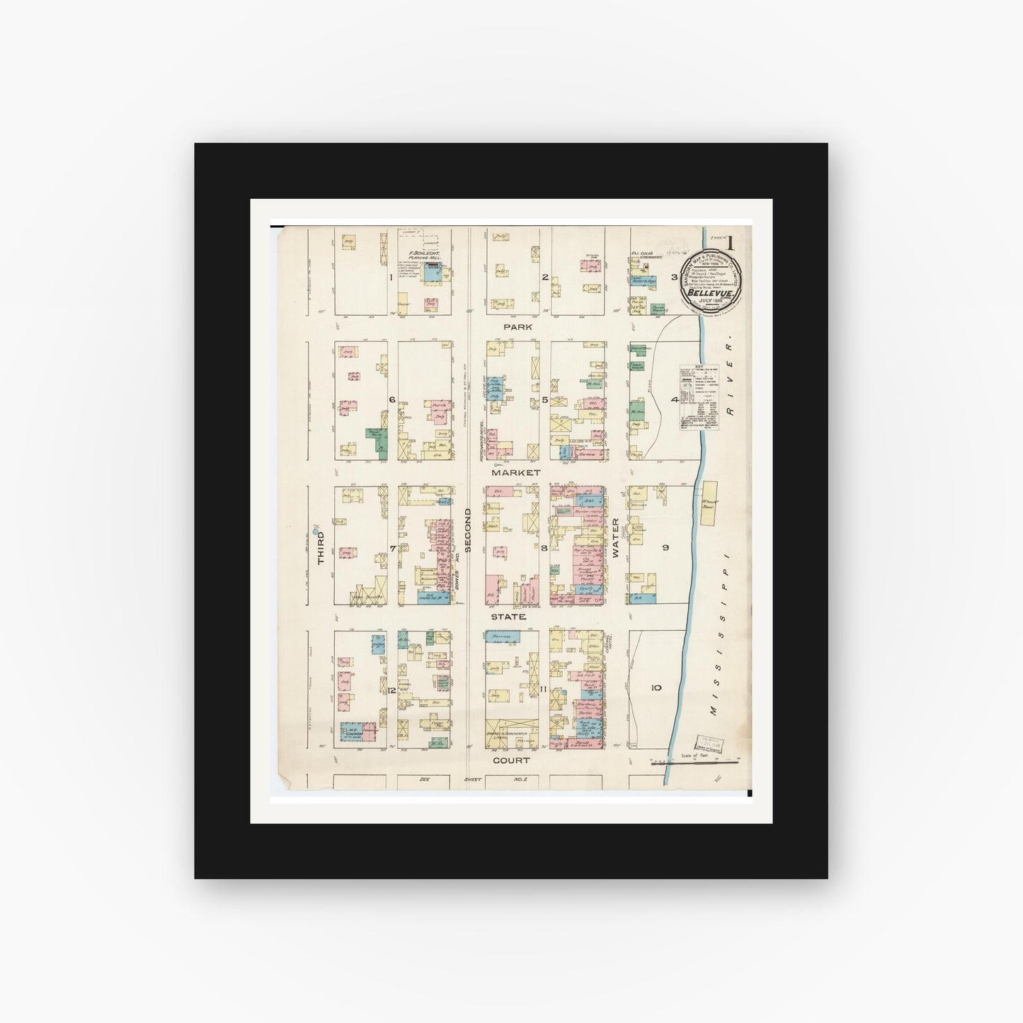 Old map wall art mockup — black gallery frame with white mat — Sanborn Fire Insurance Map from Bellevue, Jackson County, Iowa (1885) â€” Complete Set
