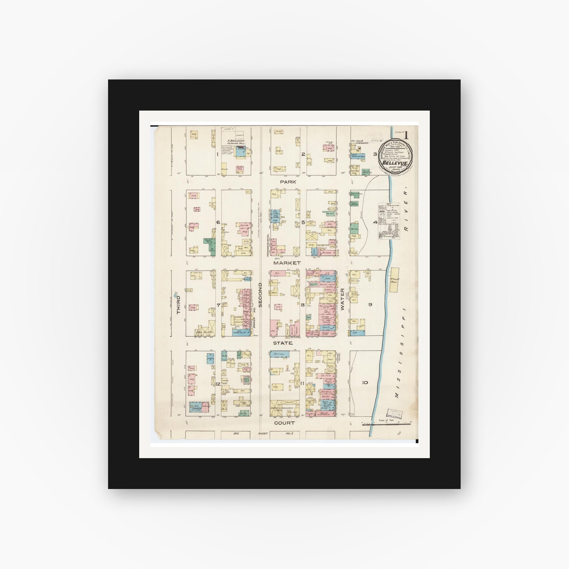 Old map wall art mockup — black gallery frame with white mat — Sanborn Fire Insurance Map from Bellevue, Jackson County, Iowa (1885) â€” Complete Set