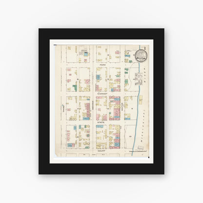 Old map wall art mockup — black gallery frame with white mat — Sanborn Fire Insurance Map from Bellevue, Jackson County, Iowa (1885) â€” Complete Set