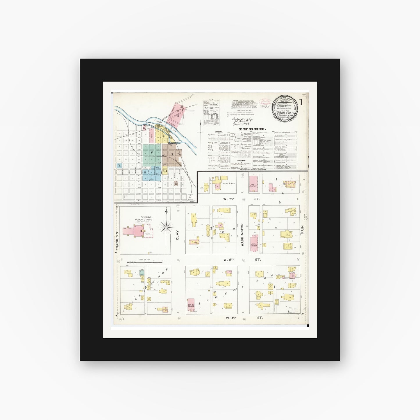 Old map wall art mockup — black gallery frame with white mat — Sanborn Fire Insurance Map from Cedar Falls, Black Hawk County, Iowa (1892), Sheet #0001