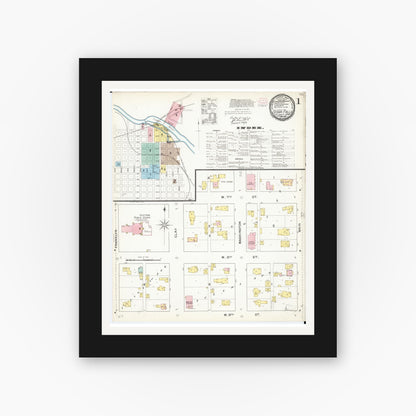 Old map wall art mockup — black gallery frame with white mat — Sanborn Fire Insurance Map from Cedar Falls, Black Hawk County, Iowa (1892), Sheet #0001