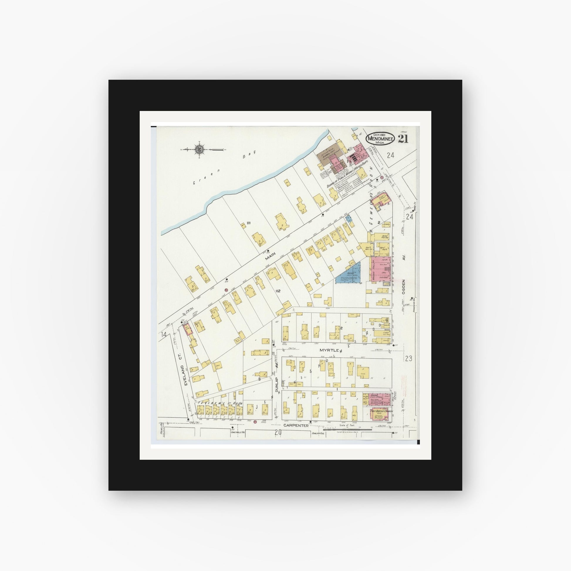 Old map wall art mockup — black gallery frame with white mat — Sanborn Fire Insurance Map from Menominee, Menominee County, Michigan (1921), Sheet #0021