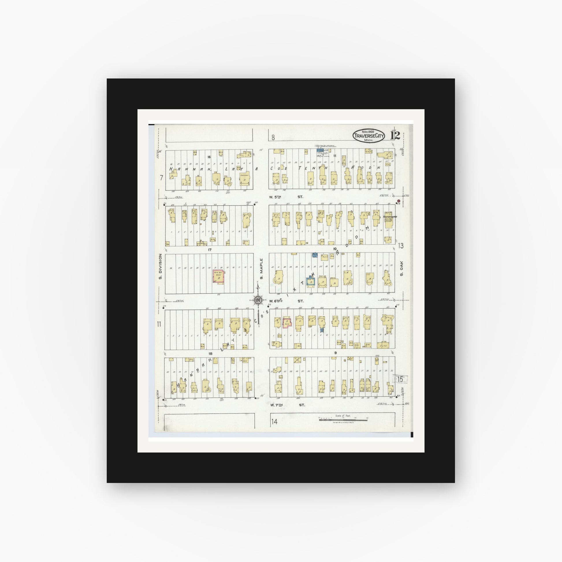 Old map wall art mockup — black gallery frame with white mat — Sanborn Fire Insurance Map from Traverse City, Grand Traverse County, Michigan (1920), Sheet #0012