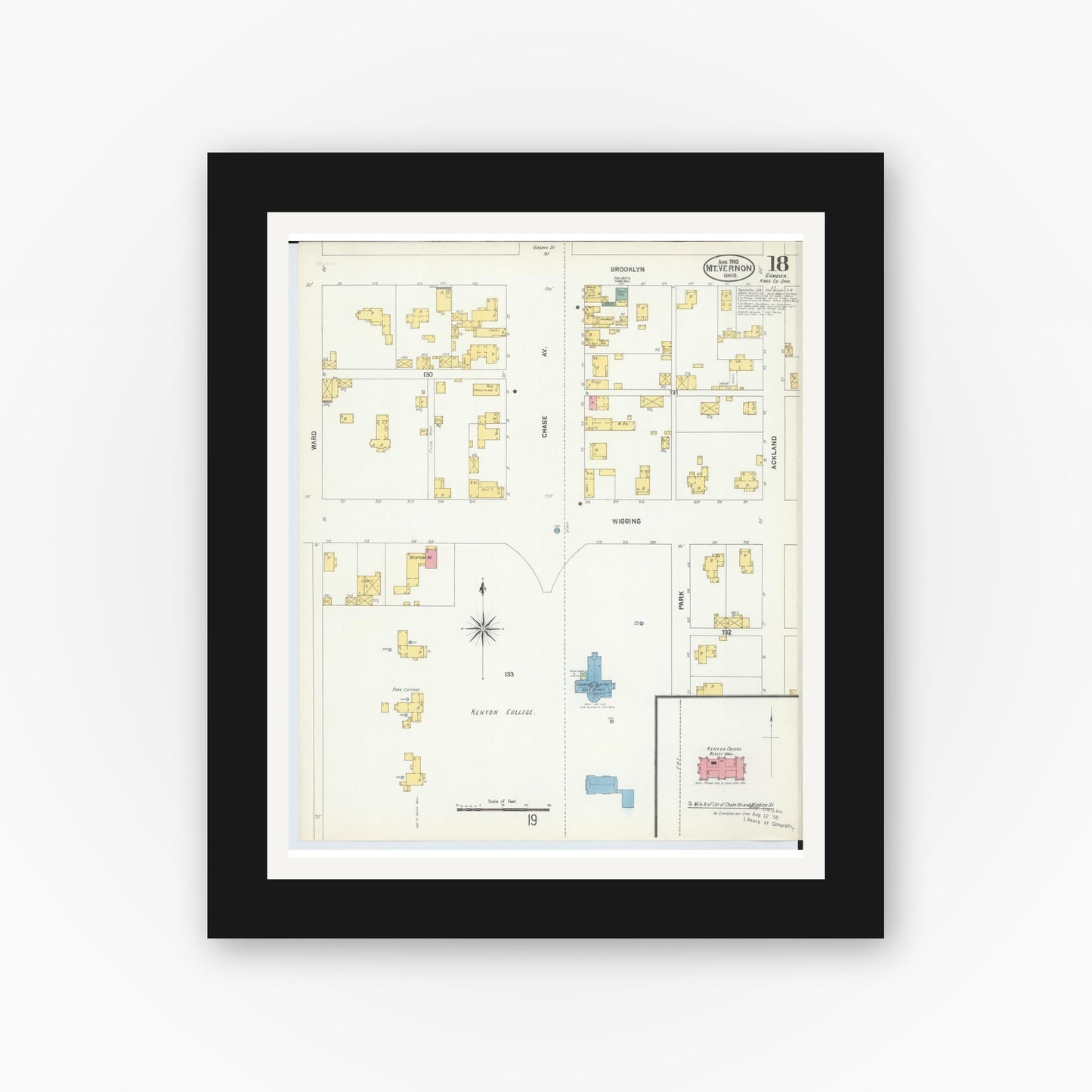 Old map wall art mockup — black gallery frame with white mat — Sanborn Fire Insurance Map from Mount Vernon, Knox County, Ohio (1903), Sheet #0018