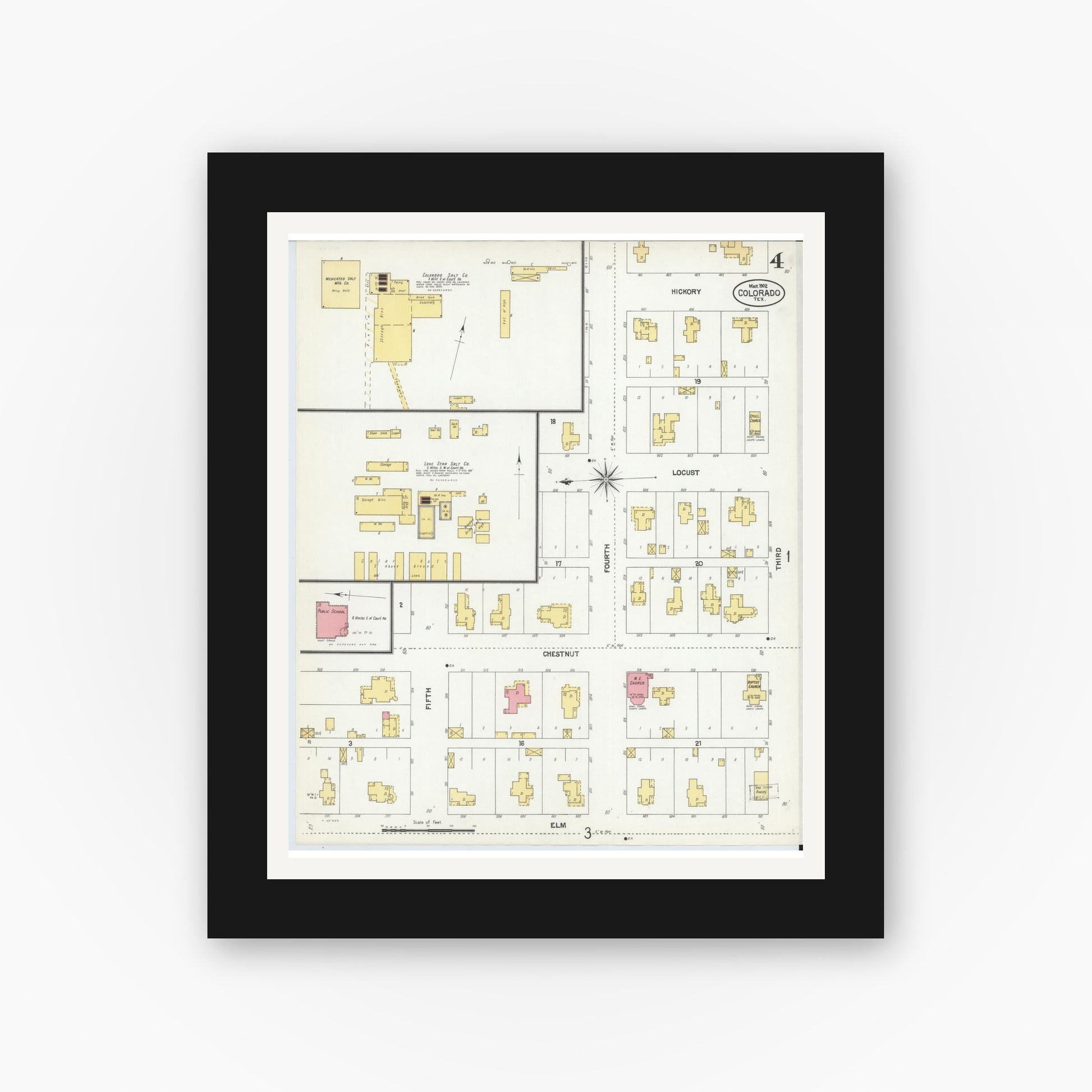 Old map wall art mockup — black gallery frame with white mat — Sanborn Fire Insurance Map from Colorado, Mitchell County, Texas (1902), Sheet #0004