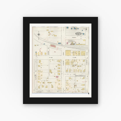 Old map wall art mockup — black gallery frame with white mat — Sanborn Fire Insurance Map from Rensselaer, Jasper County, Indiana (1942), Sheet #0003