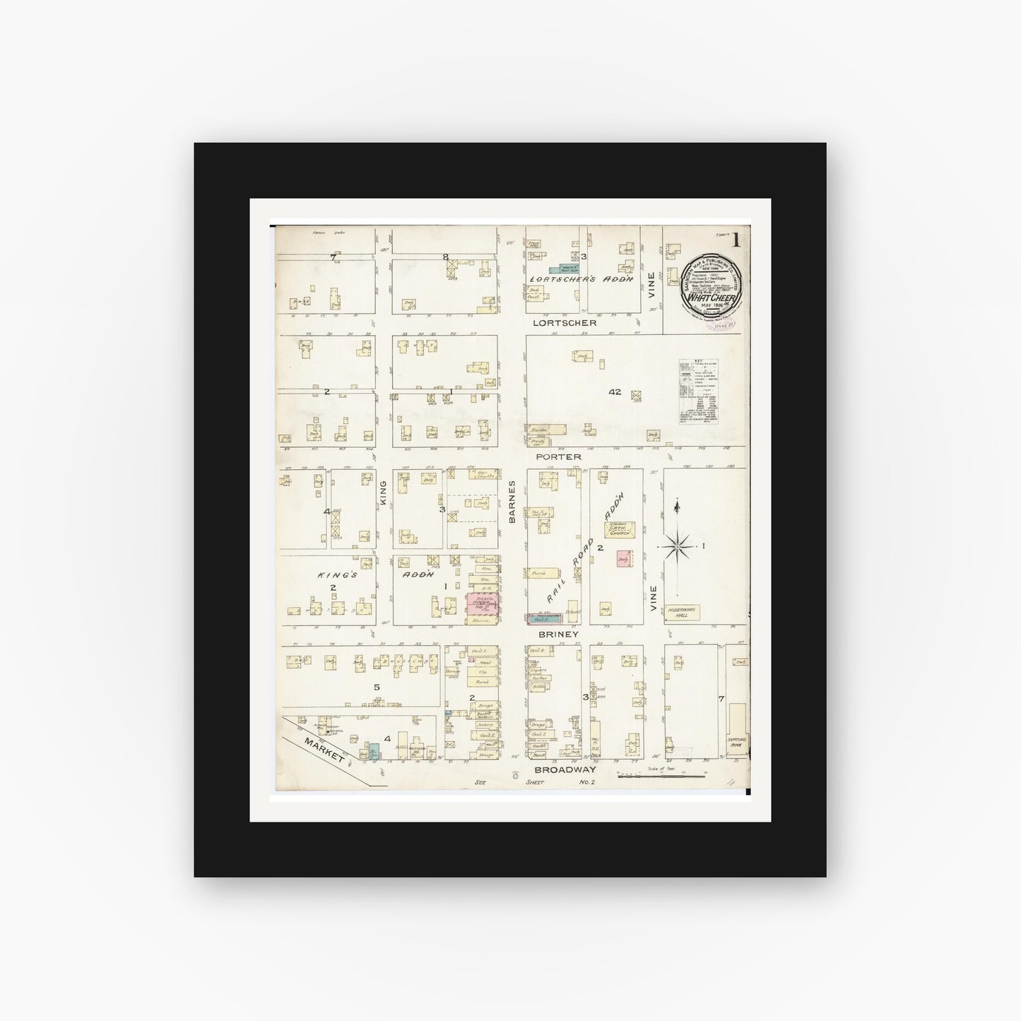 Old map wall art mockup — black gallery frame with white mat — Sanborn Fire Insurance Map from What Cheer, Keokuk County, Iowa (1886) â€” Complete Set