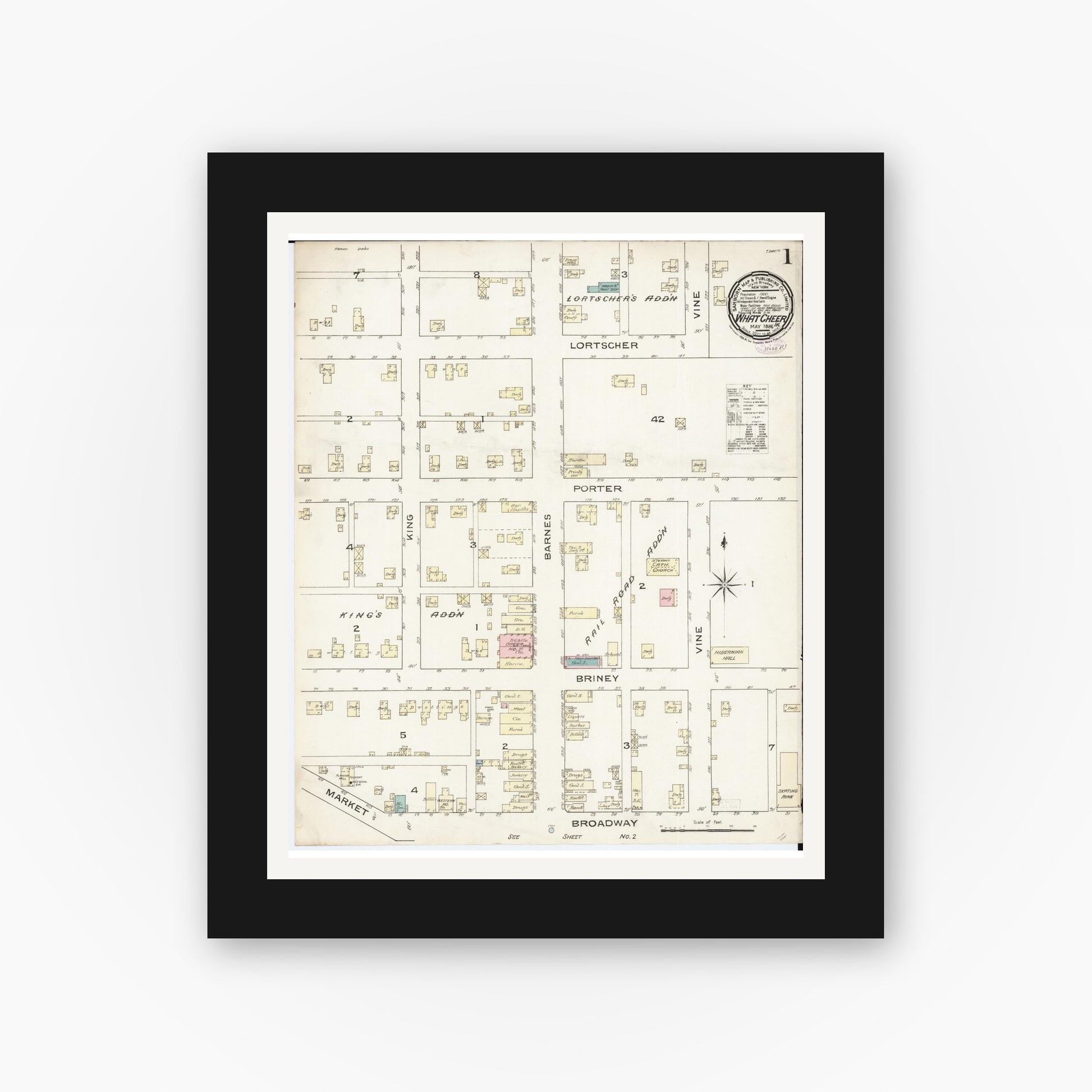 Old map wall art mockup — black gallery frame with white mat — Sanborn Fire Insurance Map from What Cheer, Keokuk County, Iowa (1886) â€” Complete Set