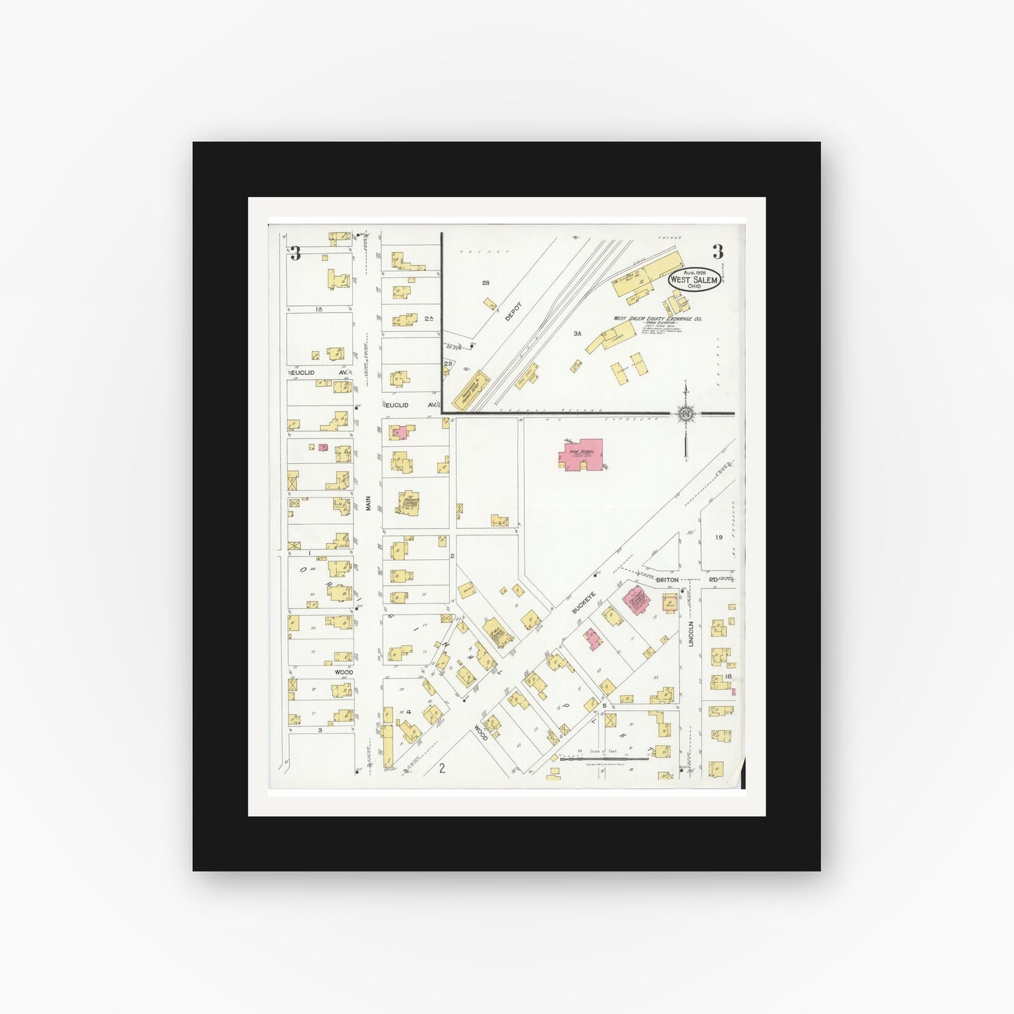 Old map wall art mockup — black gallery frame with white mat — Sanborn Fire Insurance Map from West Salem, Wayne County, Ohio (1926), Sheet #0003