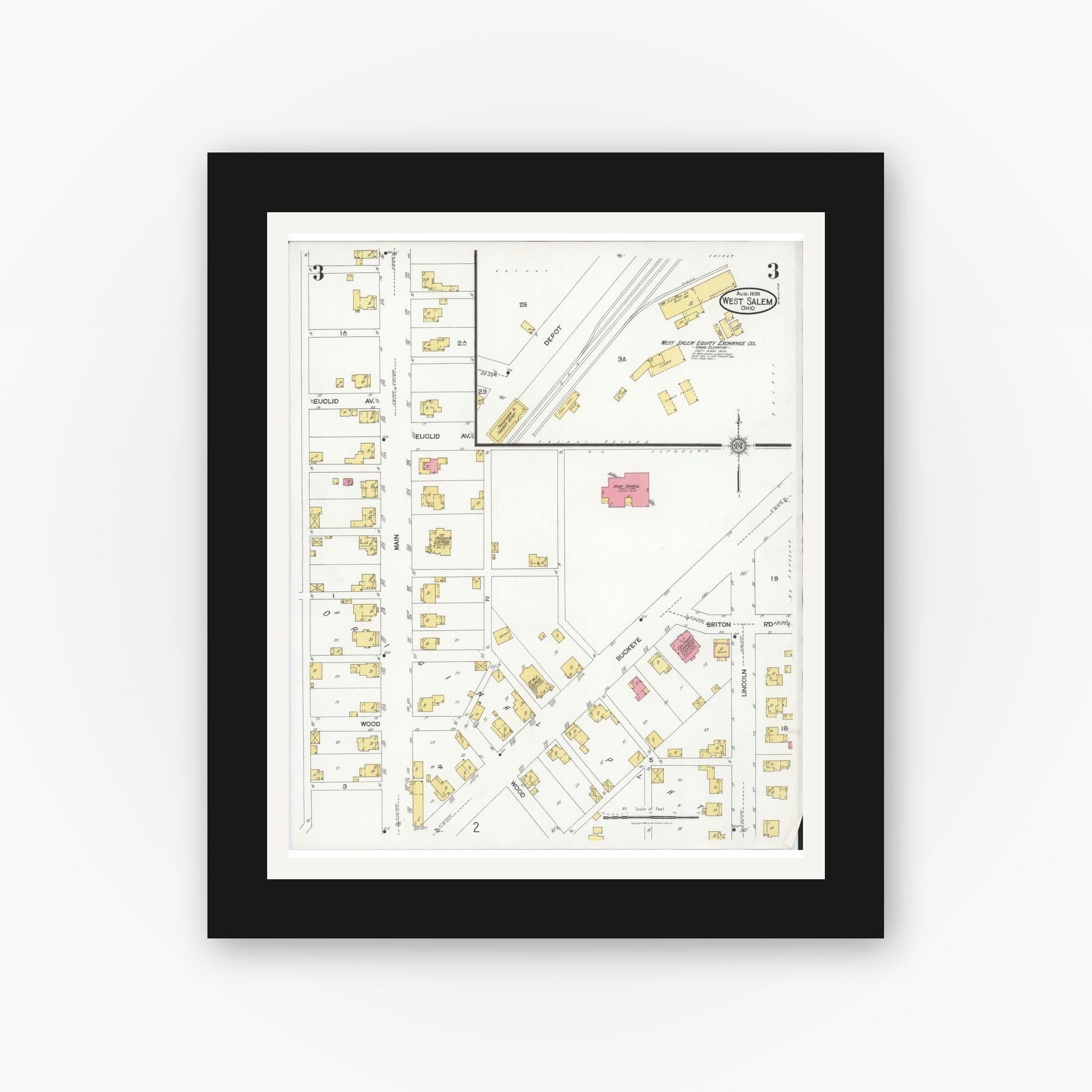 Old map wall art mockup — black gallery frame with white mat — Sanborn Fire Insurance Map from West Salem, Wayne County, Ohio (1926), Sheet #0003