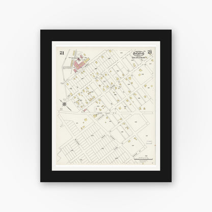 Old map wall art mockup — black gallery frame with white mat — Sanborn Fire Insurance Map from Burlington, Alamance County, North Carolina (1924), Sheet #0021