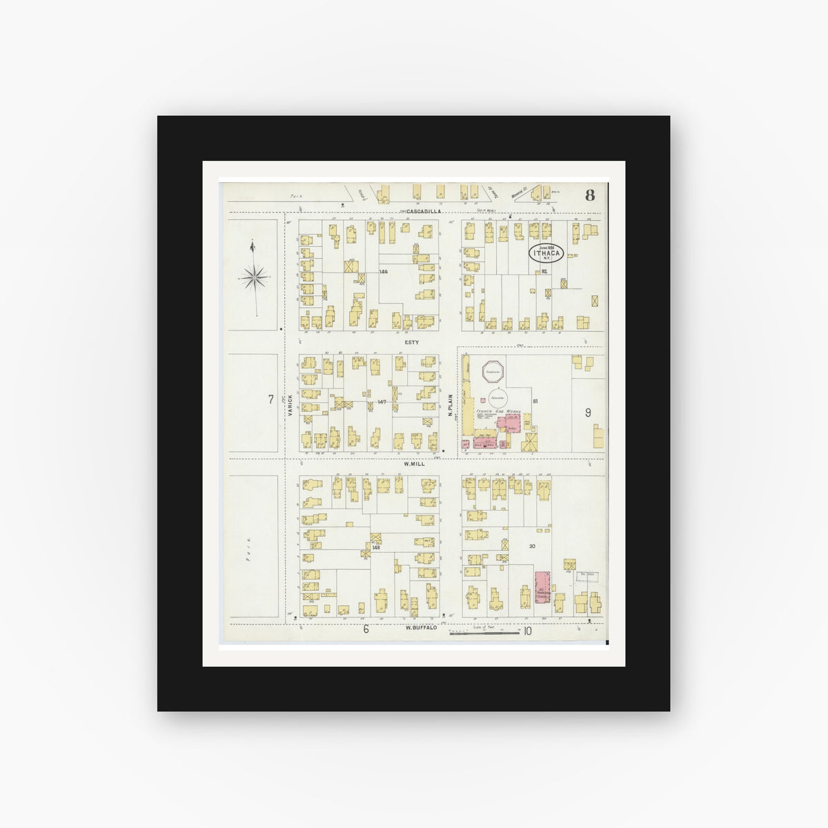 Old map wall art mockup — black gallery frame with white mat — Sanborn Fire Insurance Map from Ithaca, Tompkins County, New York (1898), Sheet #0008
