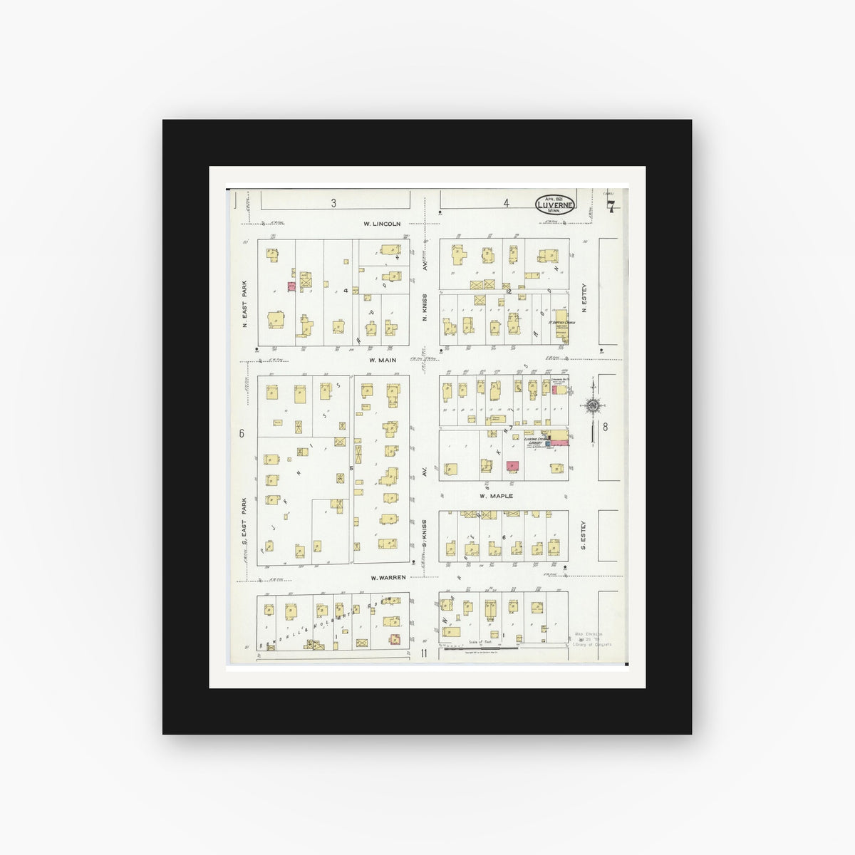 Old map wall art mockup — black gallery frame with white mat — Sanborn Fire Insurance Map from Luverne, Rock County, Minnesota (1921), Sheet #0007