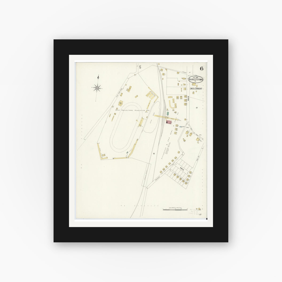 Old map wall art mockup — black gallery frame with white mat — Sanborn Fire Insurance Map from Burgettstown, Washington County, Pennsylvania (1908), Sheet #0006