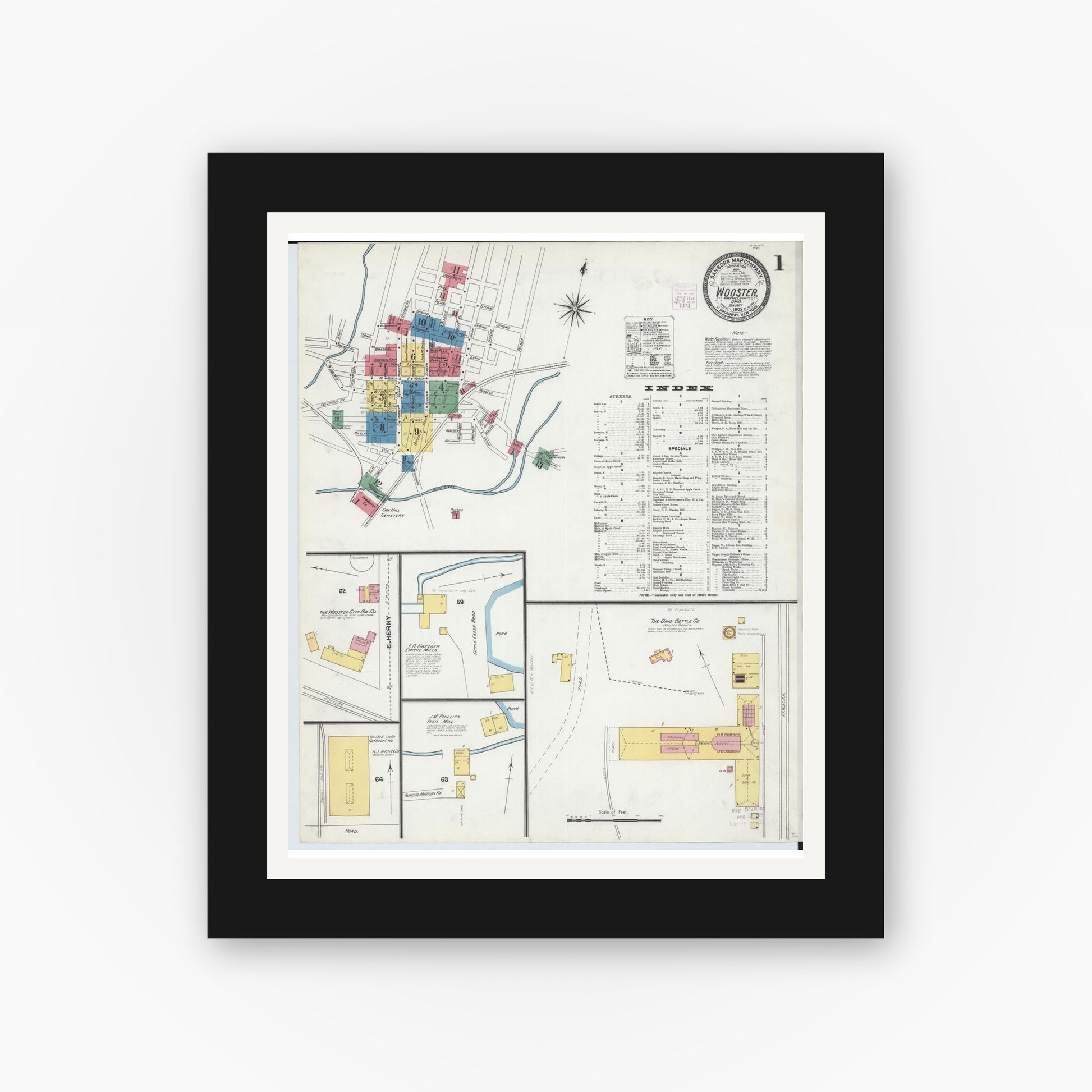Old map wall art mockup — black gallery frame with white mat — Sanborn Fire Insurance Map from Wooster, Wayne County, Ohio (1905), Sheet #0001