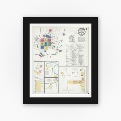 Old map wall art mockup — black gallery frame with white mat — Sanborn Fire Insurance Map from Wooster, Wayne County, Ohio (1905), Sheet #0001