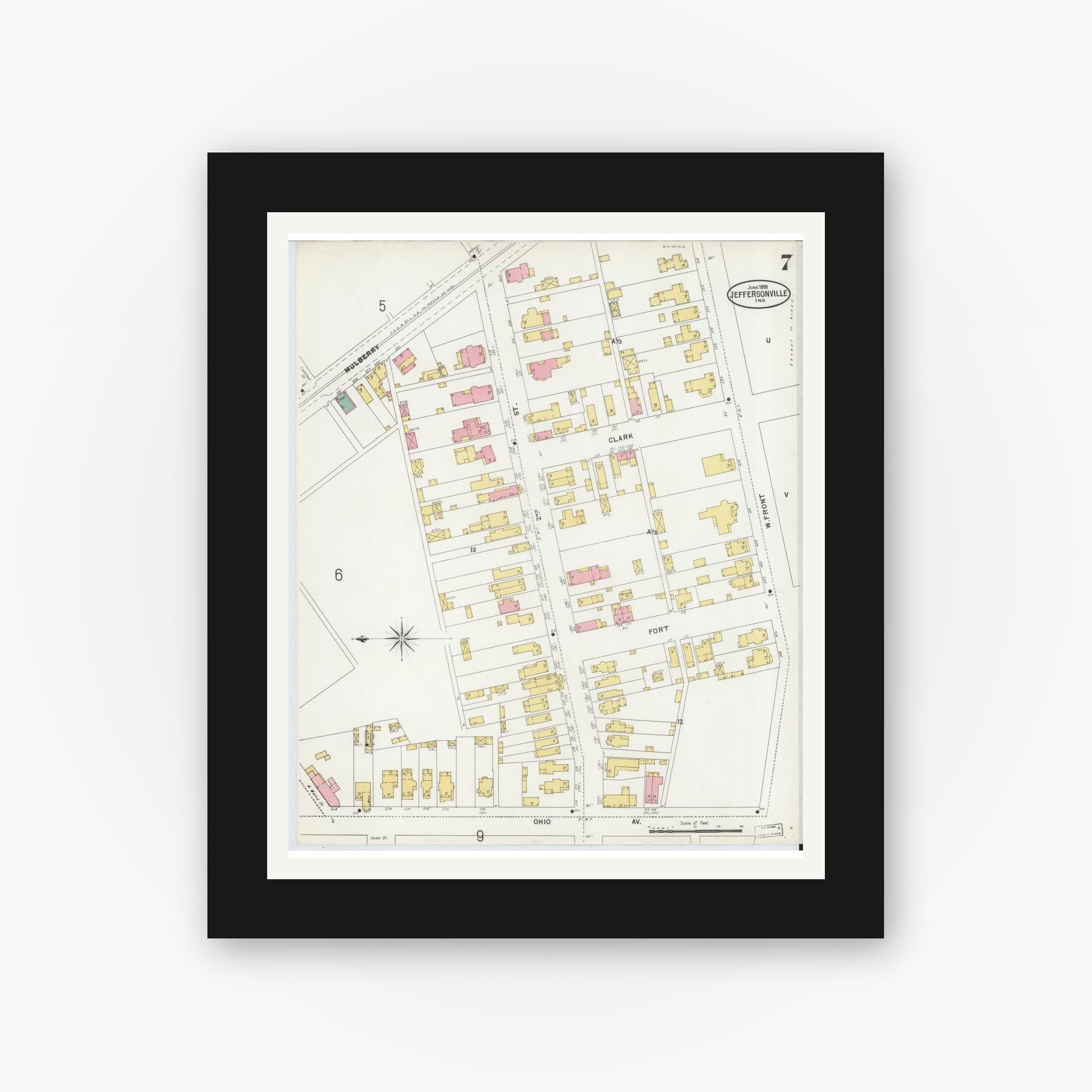 Old map wall art mockup — black gallery frame with white mat — Sanborn Fire Insurance Map from Jeffersonville, Clark County, Indiana (1898), Sheet #0007