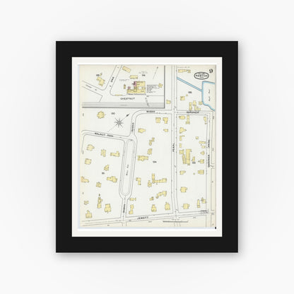 Old map wall art mockup — black gallery frame with white mat — Sanborn Fire Insurance Map from Newton, Middlesex County, Massachusetts (1892), Sheet #0009