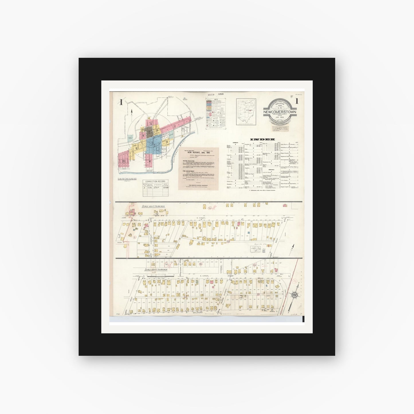 Old map wall art mockup — black gallery frame with white mat — Sanborn Fire Insurance Map from Newcomerstown, Tuscarawas County, Ohio (1933), Sheet #0001