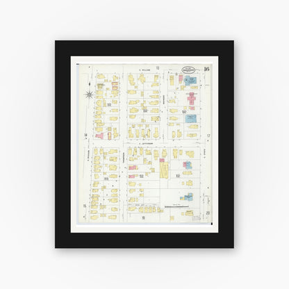 Old map wall art mockup — black gallery frame with white mat — Sanborn Fire Insurance Map from Ann Arbor, Washtenaw County, Michigan (1908), Sheet #0016