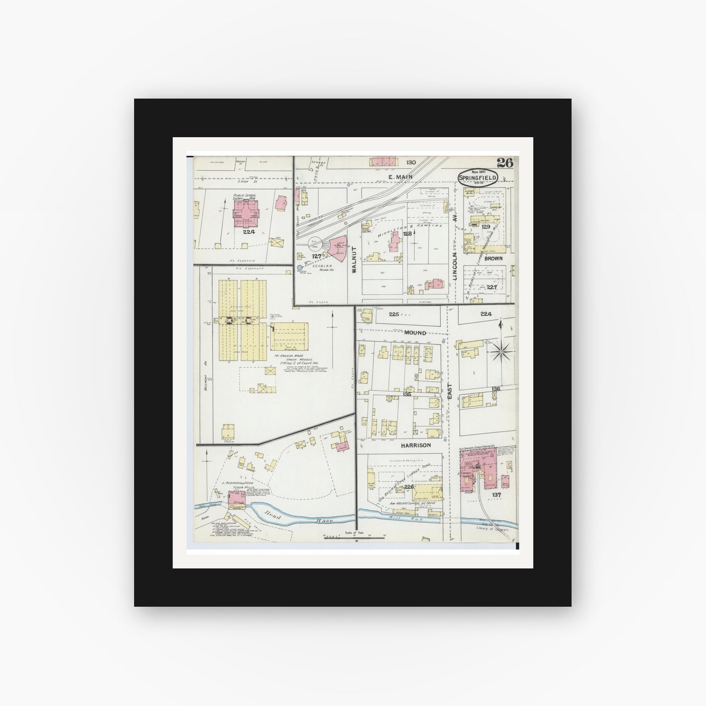 Old map wall art mockup — black gallery frame with white mat — Sanborn Fire Insurance Map from Springfield, Clark County, Ohio (1891), Sheet #0026