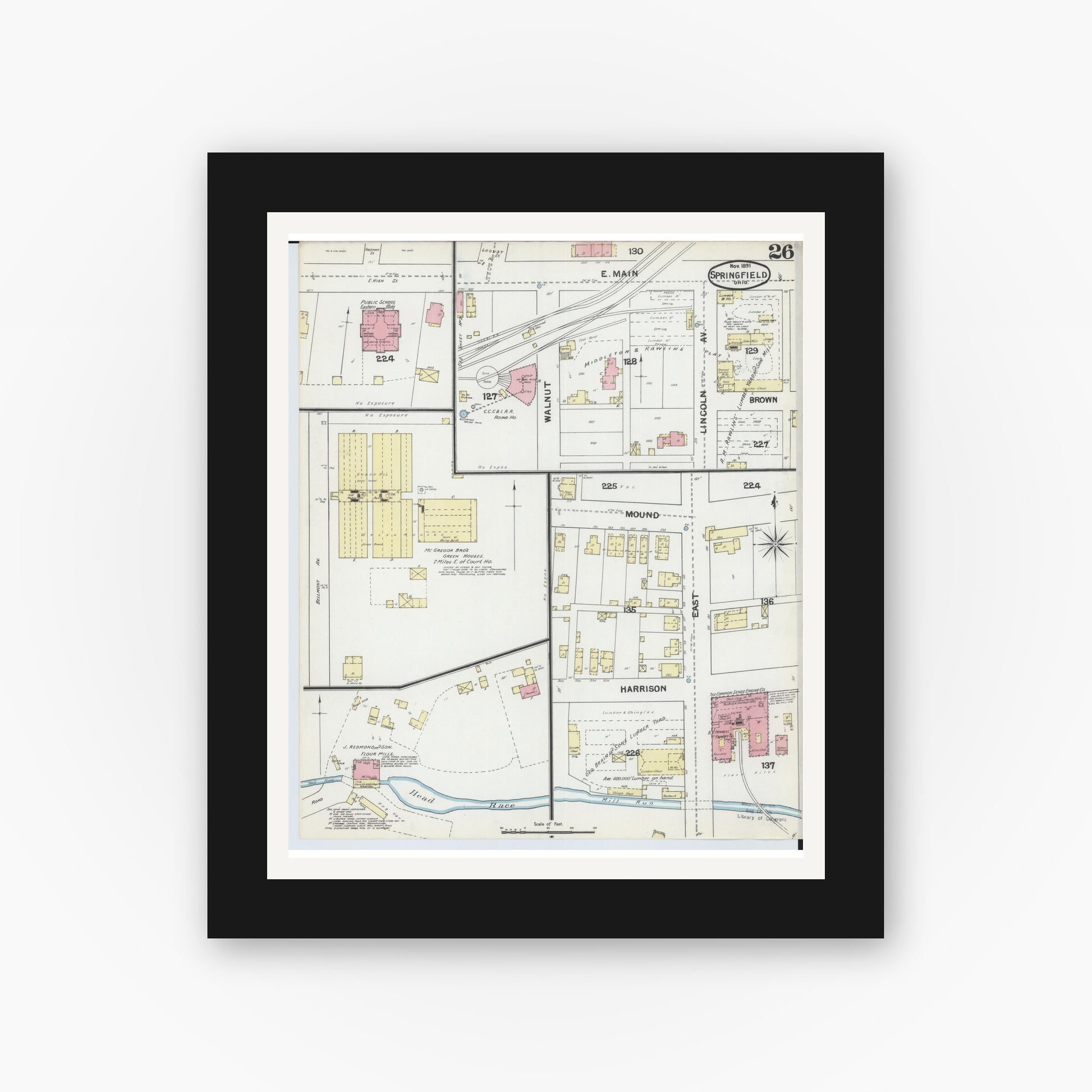 Old map wall art mockup — black gallery frame with white mat — Sanborn Fire Insurance Map from Springfield, Clark County, Ohio (1891), Sheet #0026