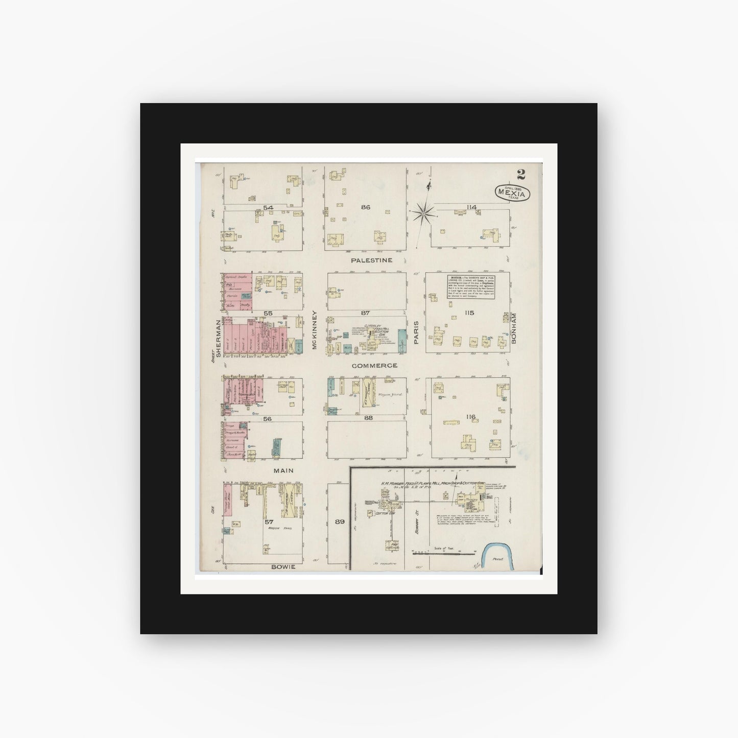 Old map wall art mockup — black gallery frame with white mat — Sanborn Fire Insurance Map from Mexia, Limestone County, Texas (1885), Sheet #0002