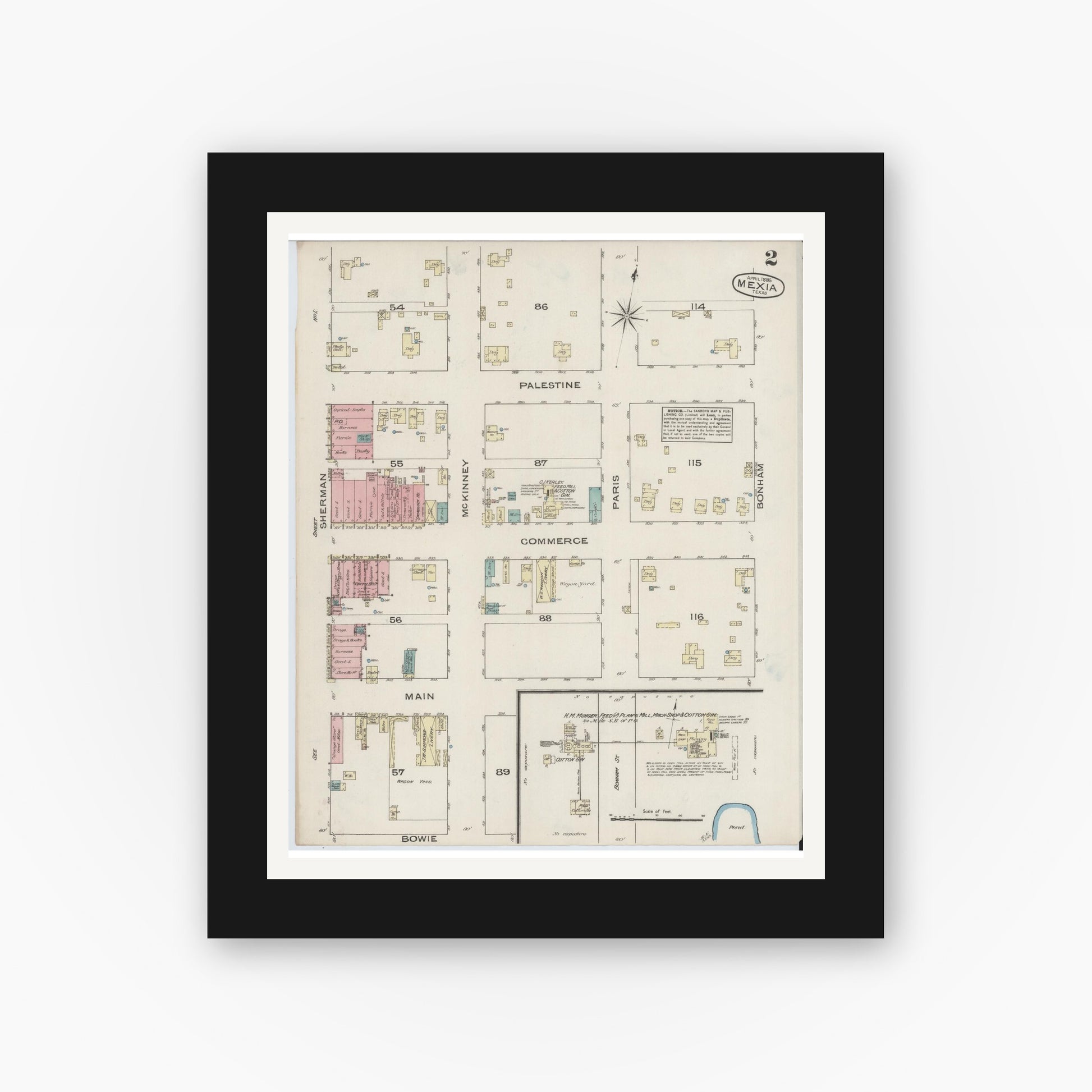 Old map wall art mockup — black gallery frame with white mat — Sanborn Fire Insurance Map from Mexia, Limestone County, Texas (1885), Sheet #0002