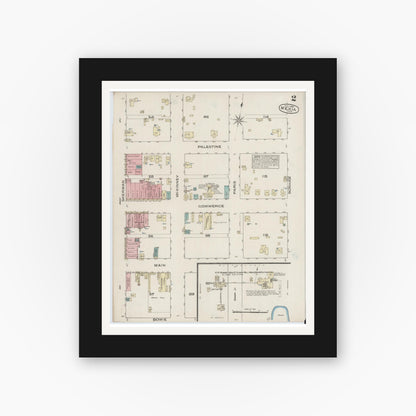 Old map wall art mockup — black gallery frame with white mat — Sanborn Fire Insurance Map from Mexia, Limestone County, Texas (1885), Sheet #0002