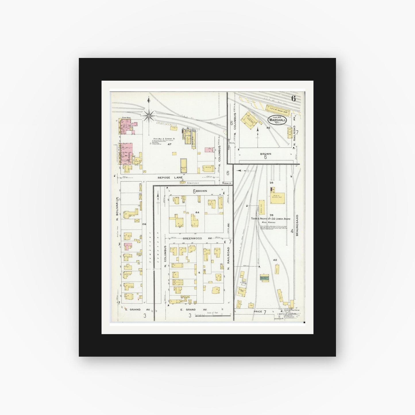 Old map wall art mockup — black gallery frame with white mat — Sanborn Fire Insurance Map from Marshall, Harrison County, Texas (1909), Sheet #0006