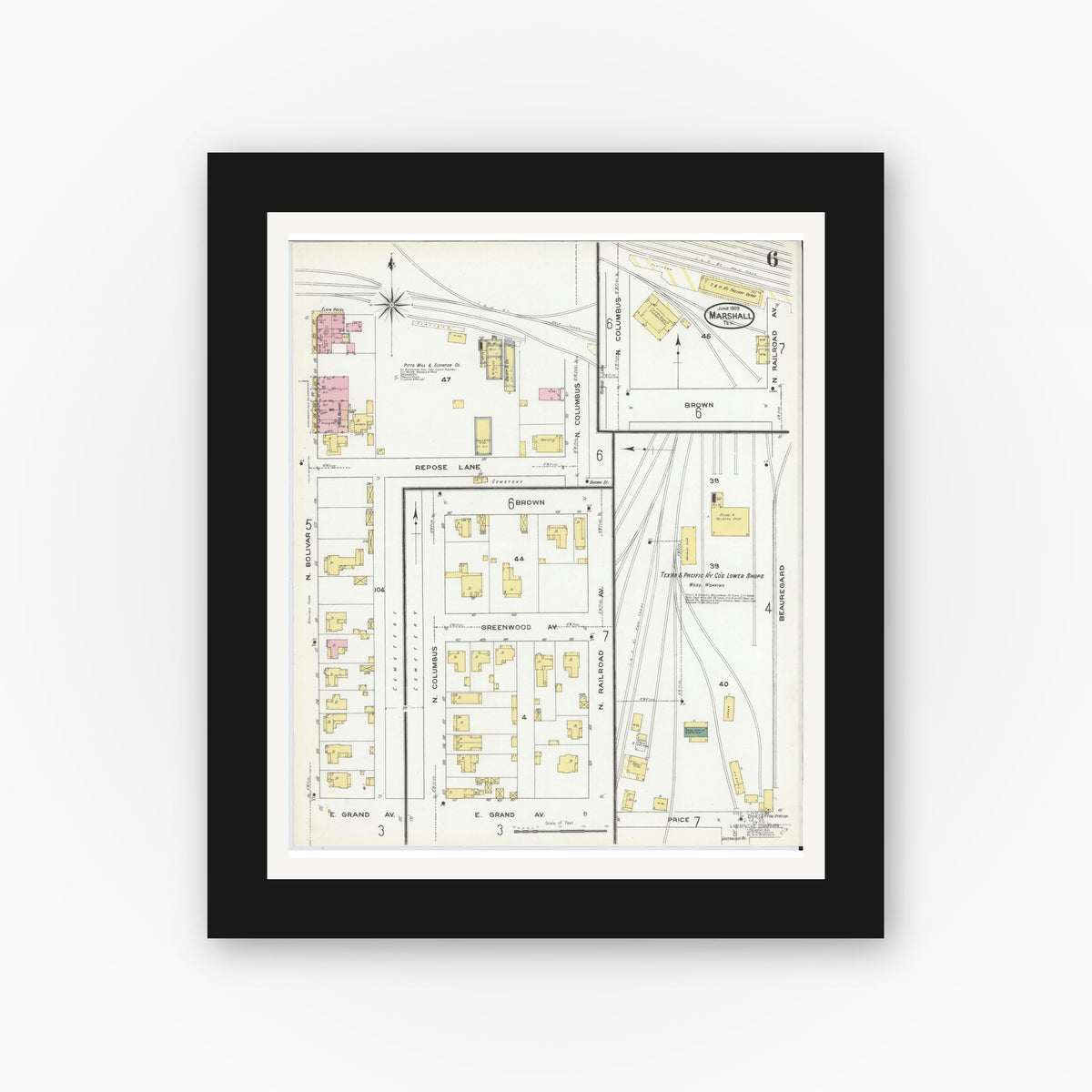 Old map wall art mockup — black gallery frame with white mat — Sanborn Fire Insurance Map from Marshall, Harrison County, Texas (1909), Sheet #0006