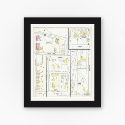 Old map wall art mockup — black gallery frame with white mat — Sanborn Fire Insurance Map from Marshall, Harrison County, Texas (1909), Sheet #0006