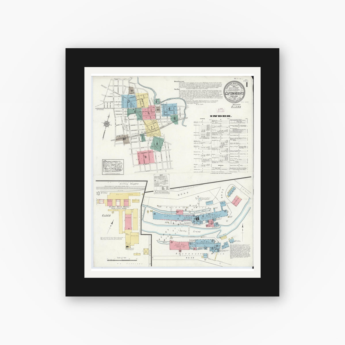 Old map wall art mockup — black gallery frame with white mat — Sanborn Fire Insurance Map from Clifton Heights, Delaware County, Pennsylvania (1912) - Complete Map Set
