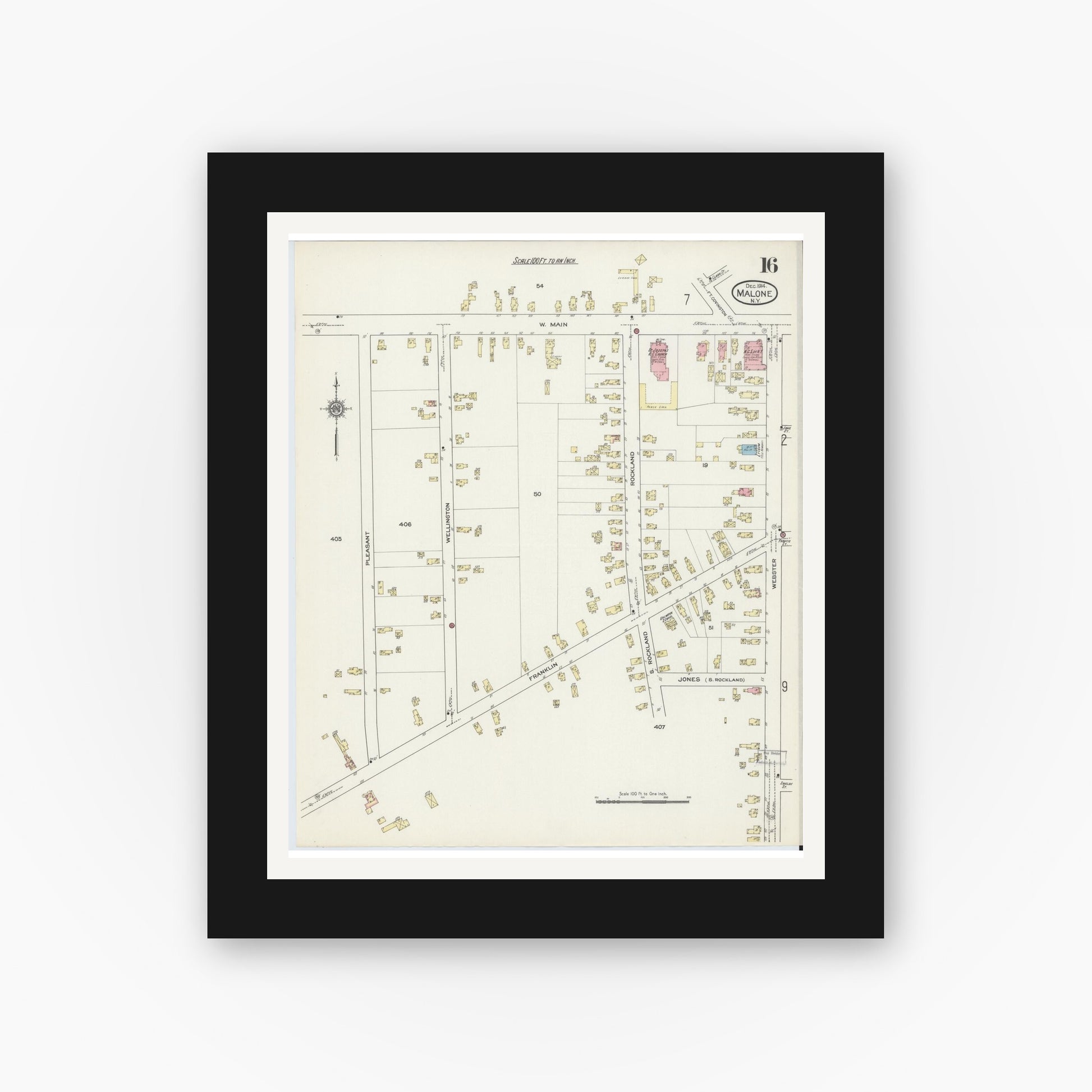 Old map wall art mockup — black gallery frame with white mat — Sanborn Fire Insurance Map from Malone, Franklin County, New York (1914), Sheet #0016