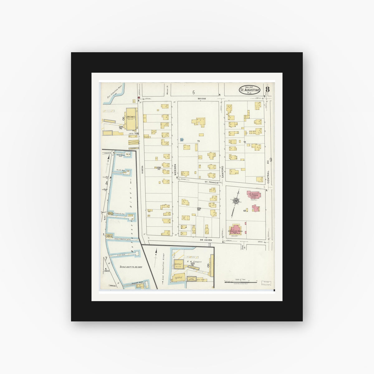 Old map wall art mockup — black gallery frame with white mat — Sanborn Fire Insurance Map from Saint Augustine, Saint John's County, Florida (1917), Sheet #0008