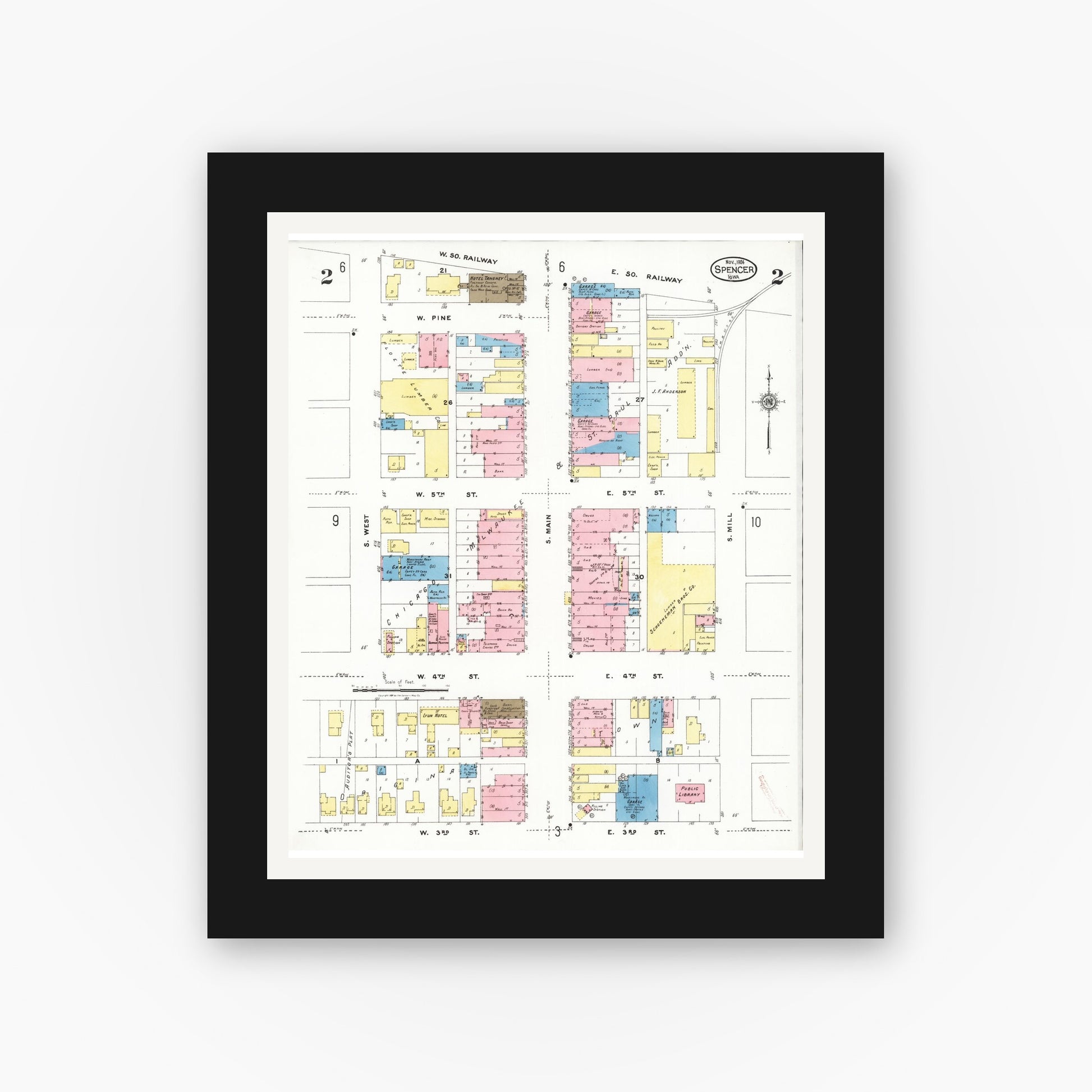 Old map wall art mockup — black gallery frame with white mat — Sanborn Fire Insurance Map from Spencer, Clay County, Iowa (1924), Sheet #0002