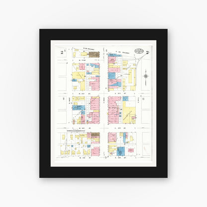 Old map wall art mockup — black gallery frame with white mat — Sanborn Fire Insurance Map from Spencer, Clay County, Iowa (1924), Sheet #0002